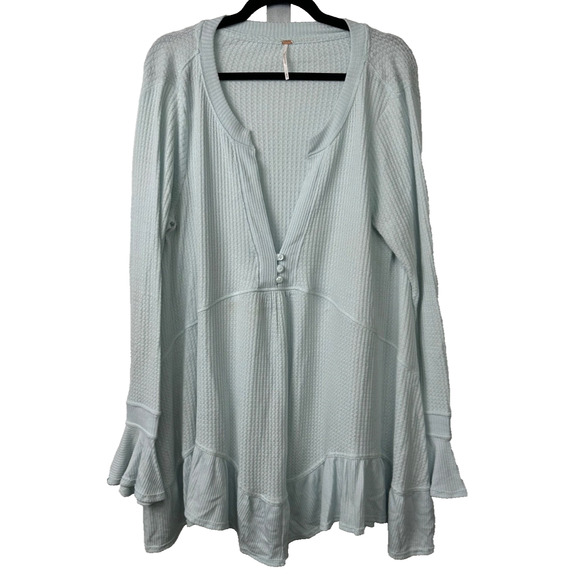 Free People M Olivia Henley Tunic Waffle Knit LS Ruffle Boho Baby Blue A47 - Picture 1 of 8
